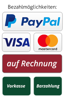 Bezahlmöglichkeiten: PayPal, VISA, mastercard, auf Rechnung, Vorkasse, Barzahlung