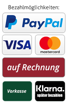 Bezahlmöglichkeiten: PayPal, VISA, mastercard, auf Rechnung, Vorkasse, Klarna - sp